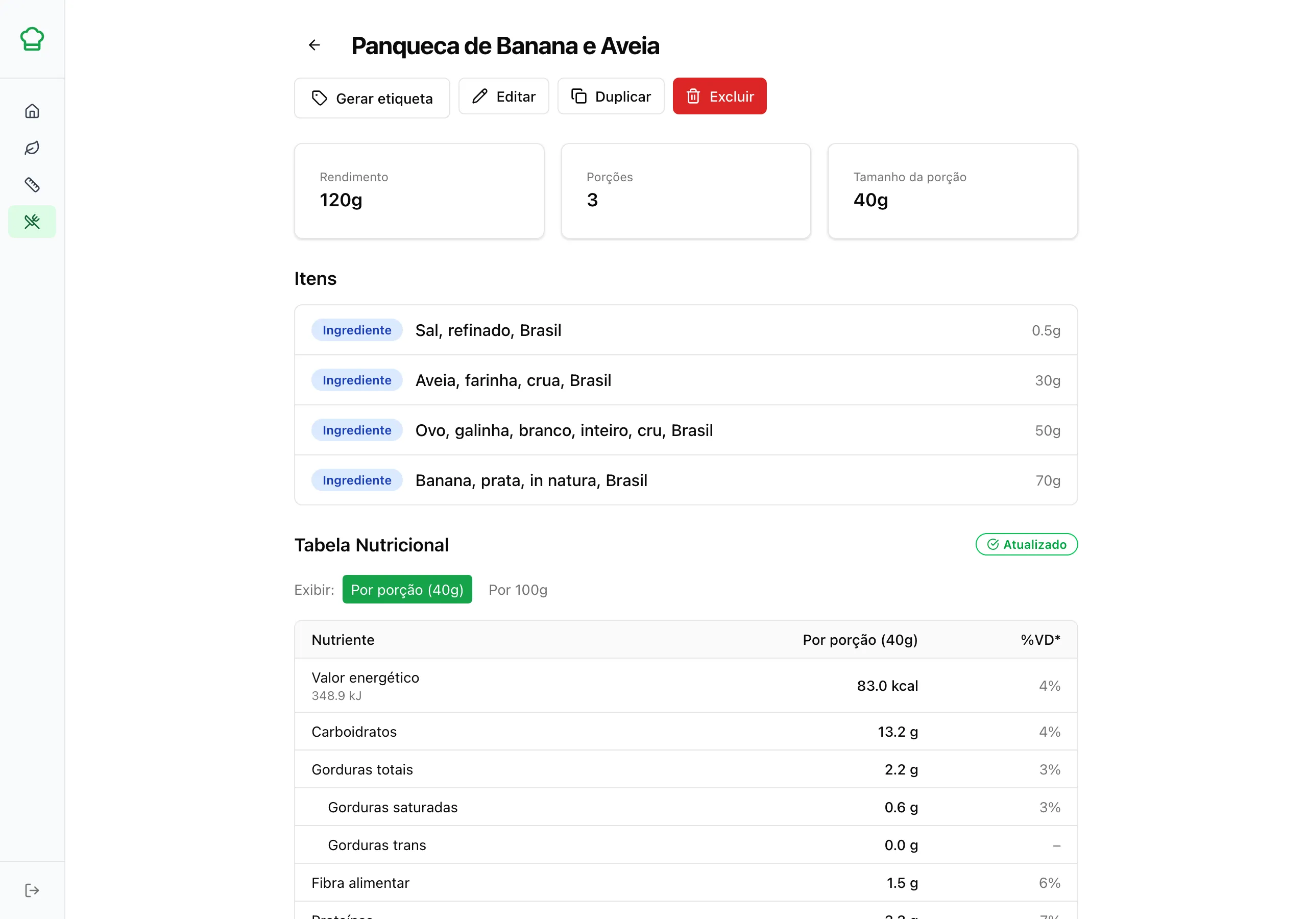 Tela de receita com tabela nutricional